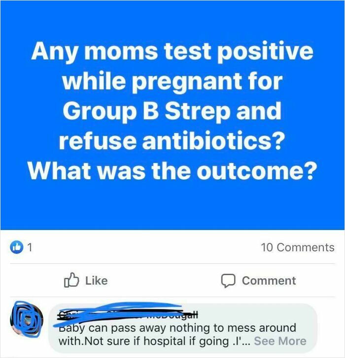 Social media post asking about moms refusing antibiotics for Group B Strep during pregnancy, sparking debate on toxic mothers.