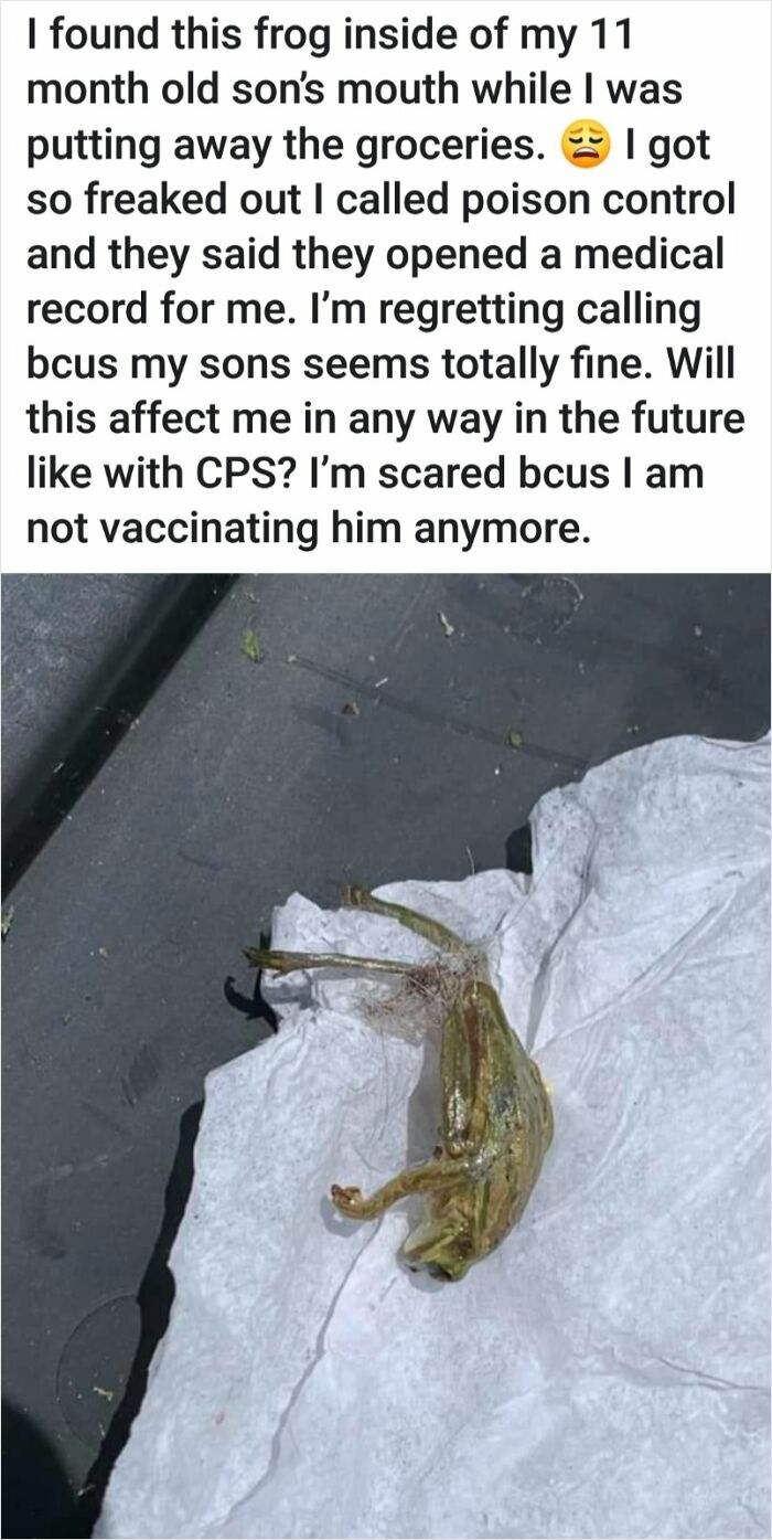 Alt text: Irresponsible mother finds frog in baby’s mouth, worries about CPS and vaccination consequences.