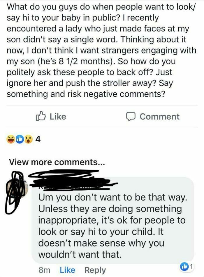 Social media post discussing mothers' reactions to strangers engaging with their babies, highlighting toxic behavior.