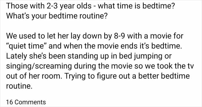 Social media post discussing bedtime routines for toddlers, highlighting challenges faced by some toxic and irresponsible mothers.