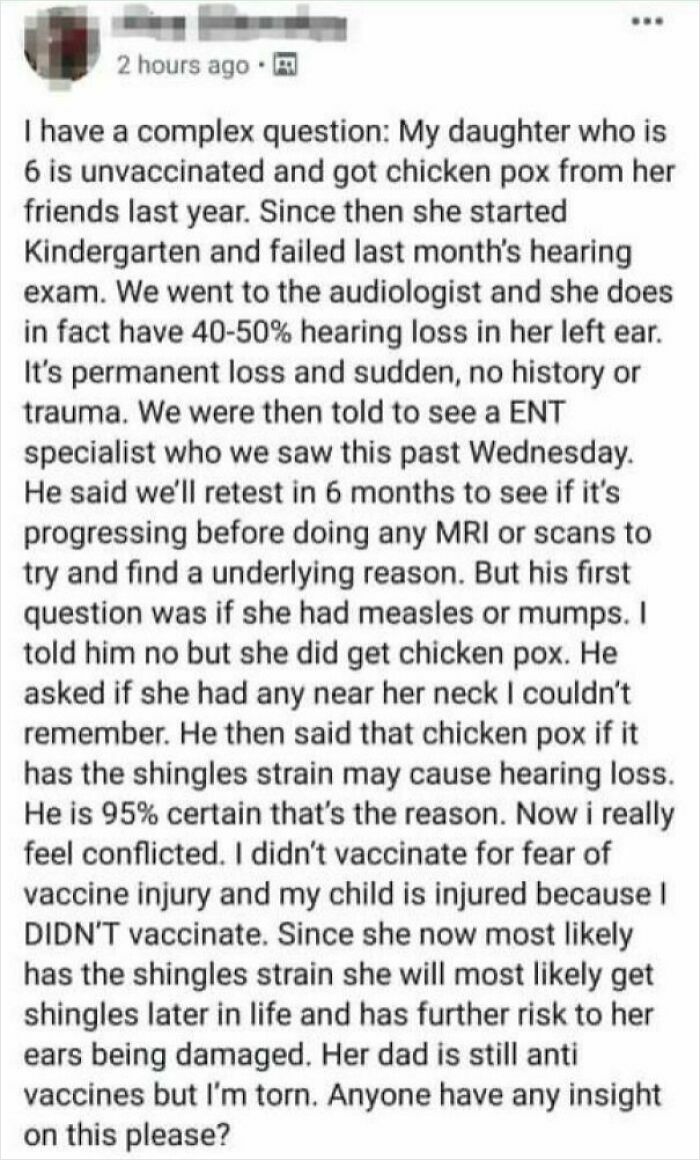 Social media post by a mother discussing hearing loss in her unvaccinated child and vaccine concerns in toxic mothers context.