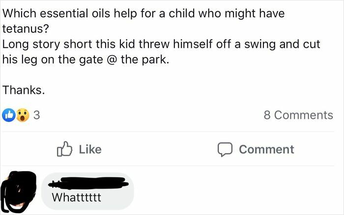 Social media post showing a mother asking about essential oils for a child with a leg injury, highlighting toxic mother behavior.