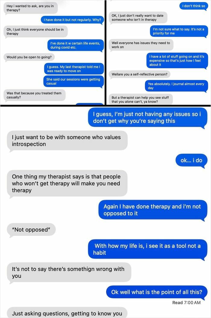 A lengthy text conversation discussing therapy and red flags in relationships. It highlights why people end things.