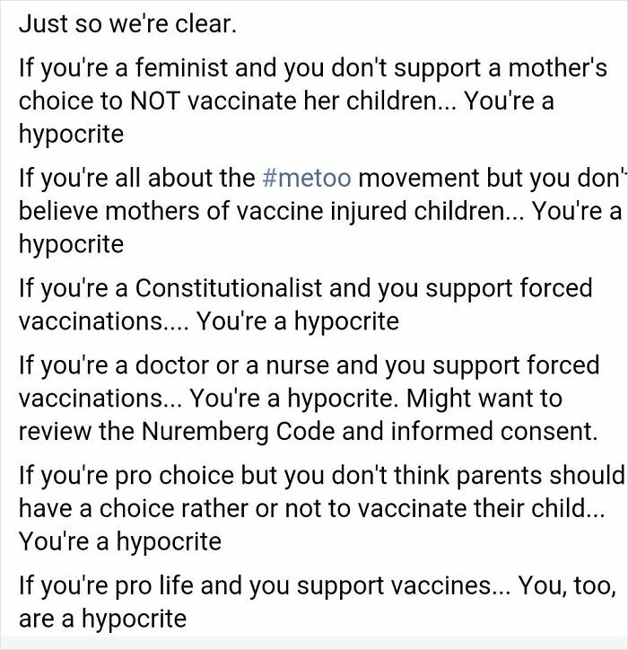 Social media post criticizing mothers and others on vaccination debates, reflecting irresponsible and toxic behaviors.