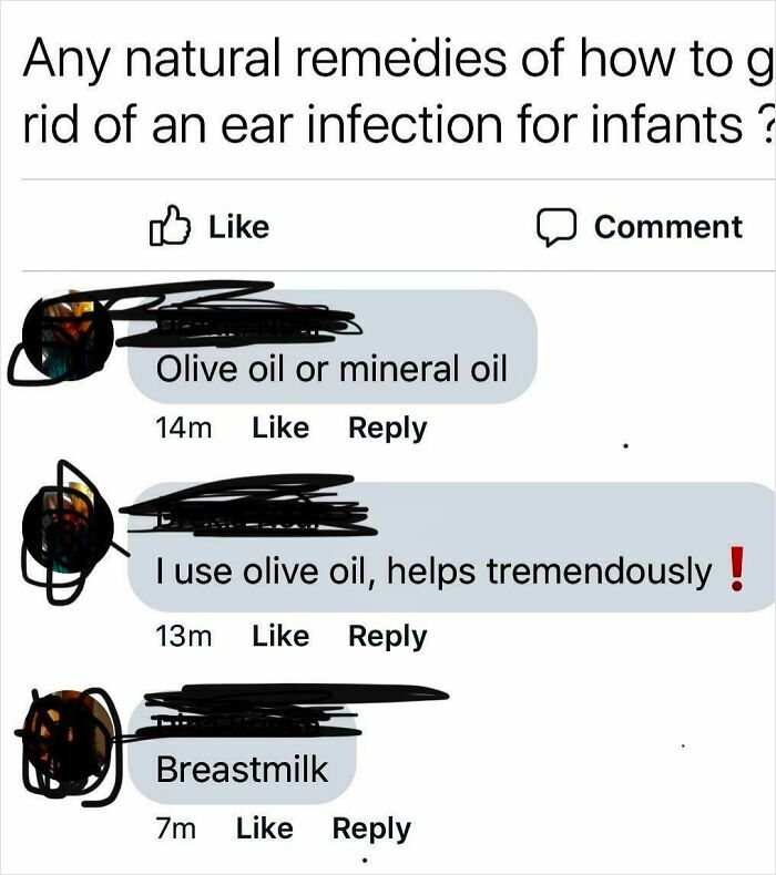 Social media comments sharing natural remedies for infant ear infections, reflecting irresponsible mothers' advice.