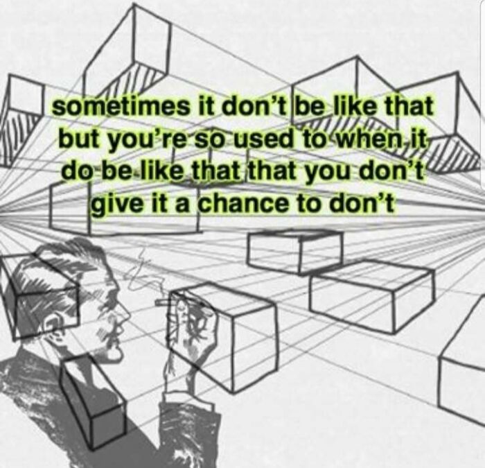 Confusing and unhinged image with an abstract perspective drawing and a quirky highlighted text about perception and chance.