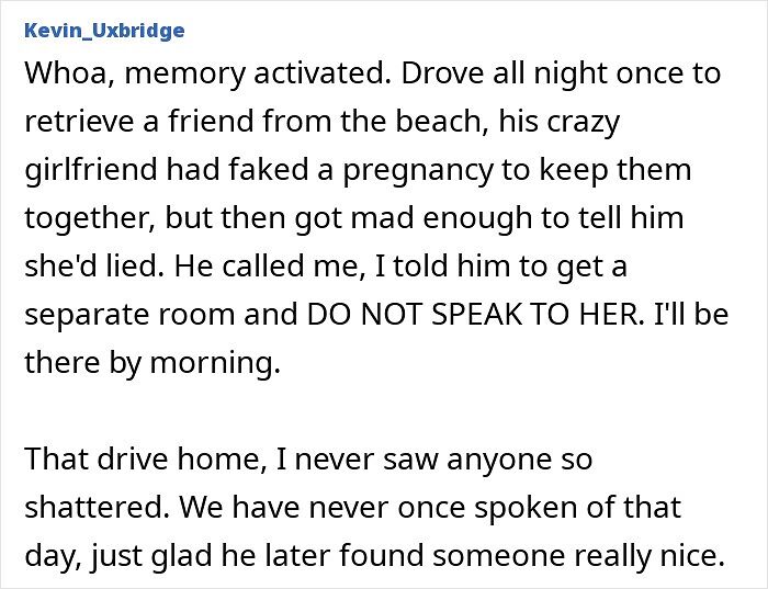 A Reddit post from Kevin_Uxbridge about a friend's ex-girlfriend faking pregnancy, a red flag story.