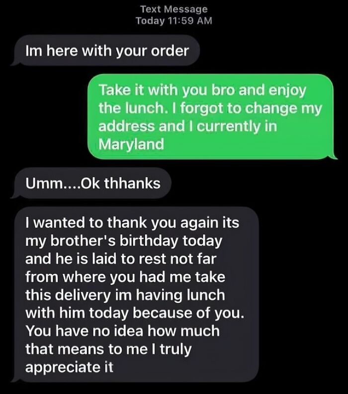 Text message exchange showing a heartwarming conversation delivering positivity and gratitude after a meaningful lunch delivery.