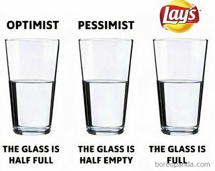 Meme showing three glasses of water labeled optimist, pessimist, and Lay's with humor on internet memes.