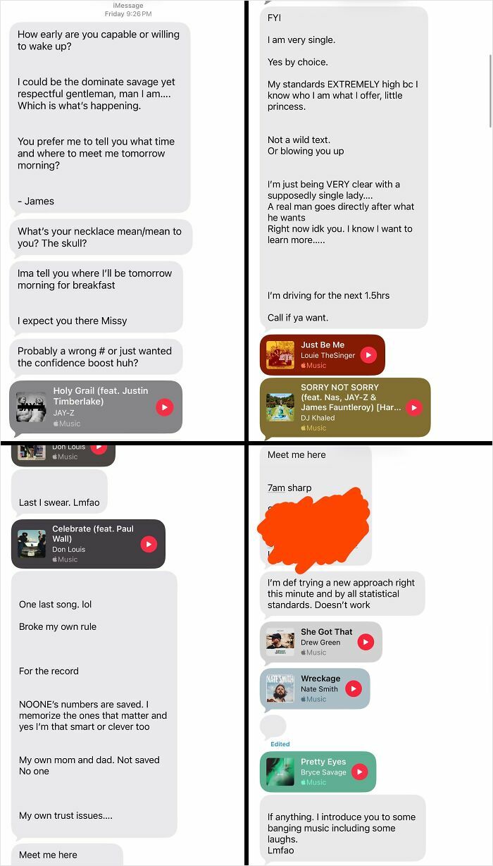 A series of text messages from a man displaying red flags in a conversation about meeting up.