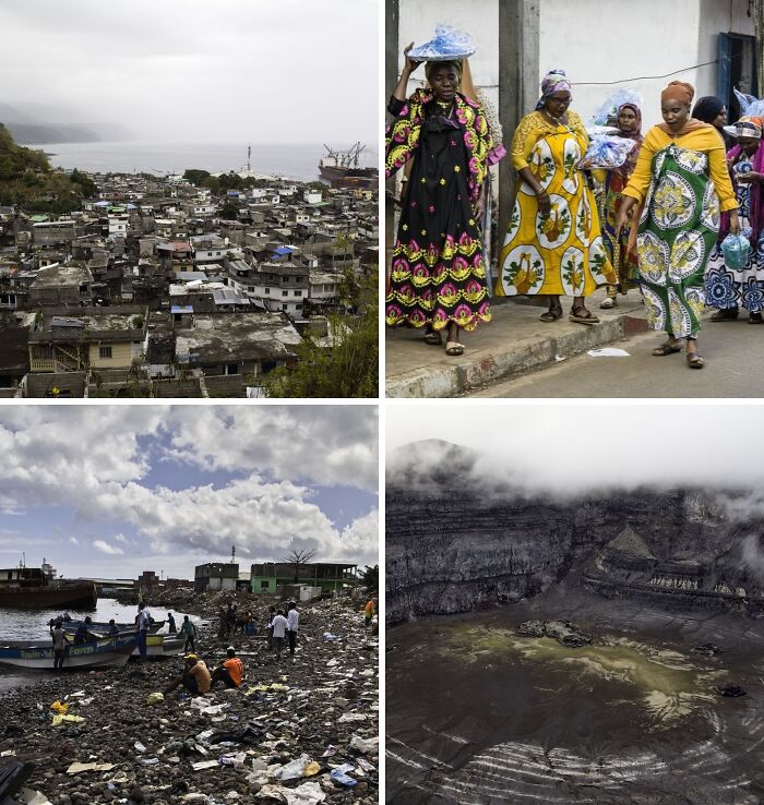 Four breathtaking travel photos showing diverse scenes: a bustling coastal town, vibrant women, a littered beach, and a foggy volcanic crater.