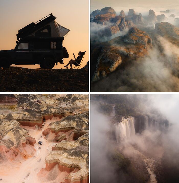 Breathtaking travel photos: diverse landscapes including a rooftop tent, misty mountains, a colorful canyon, and a majestic waterfall.