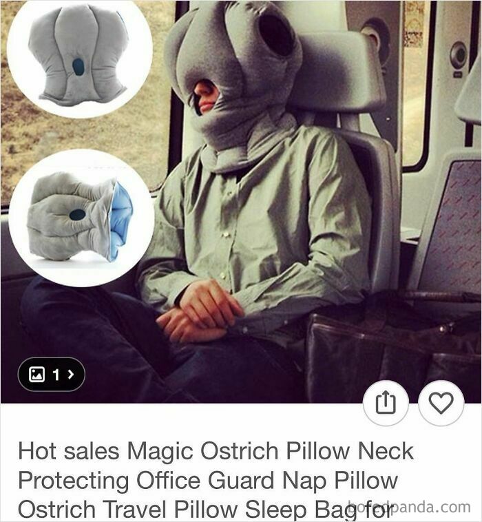 Person wearing a uniquely designed ostrich travel pillow while sitting on a bus, showcasing surprising Wish shopping finds.