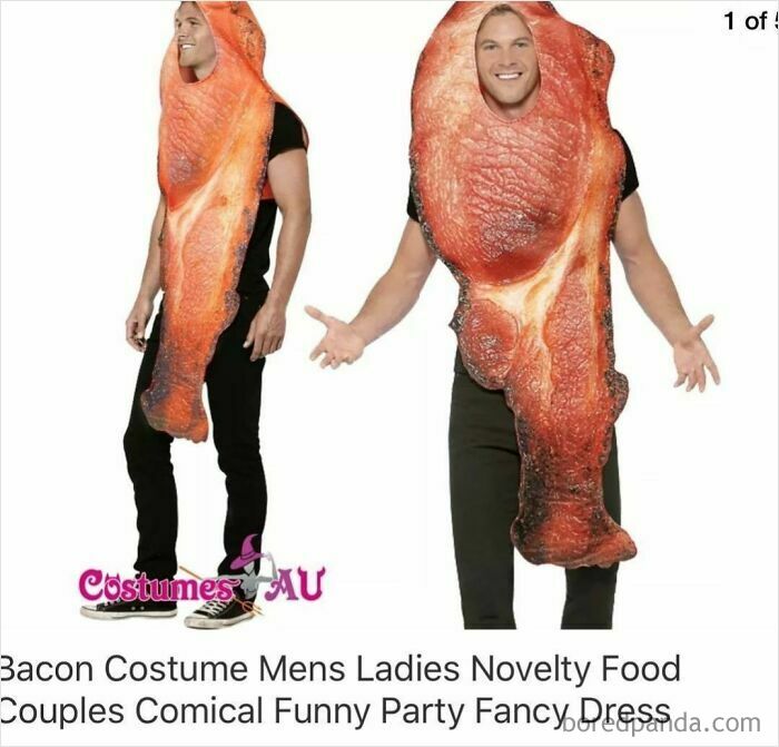 Man wearing a comical bacon costume, an example of surprising finds while shopping on Wish.