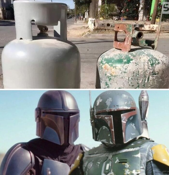 Two rusty propane tanks resembling Star Wars Mandalorian helmets, highlighting memes people pay for online.