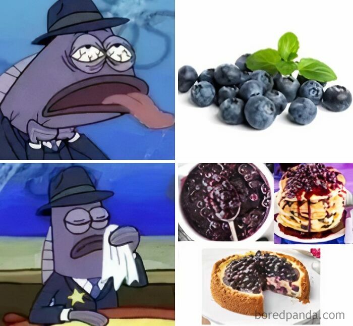 Meme showing tired cartoon character and images of blueberries and blueberry desserts, highlighting internet meme humor.