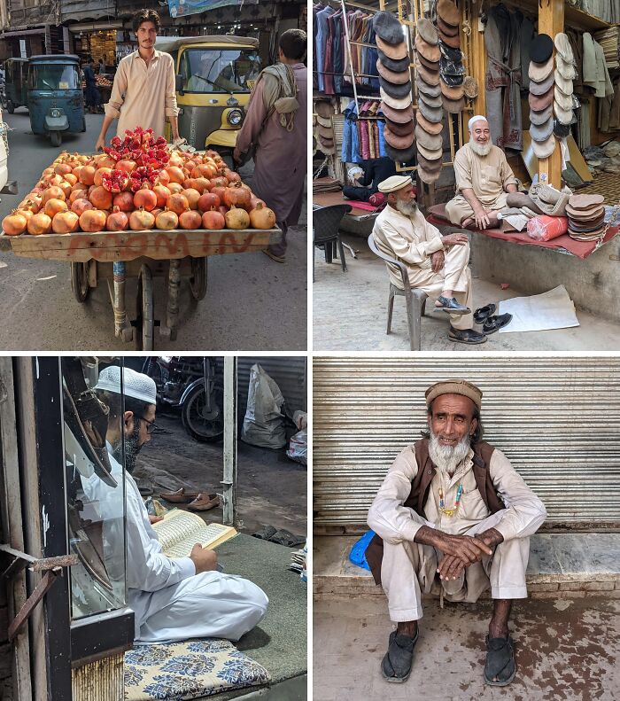 Breathtaking travel photos showcasing the vibrant streets of Pakistan, with locals selling pomegranates, conversing, and reading.