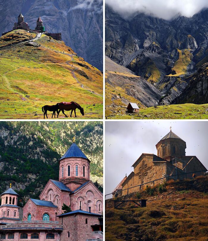 Breathtaking travel photos showcasing mountainous landscapes, historic churches, and grazing horses. Beautiful architecture and nature.