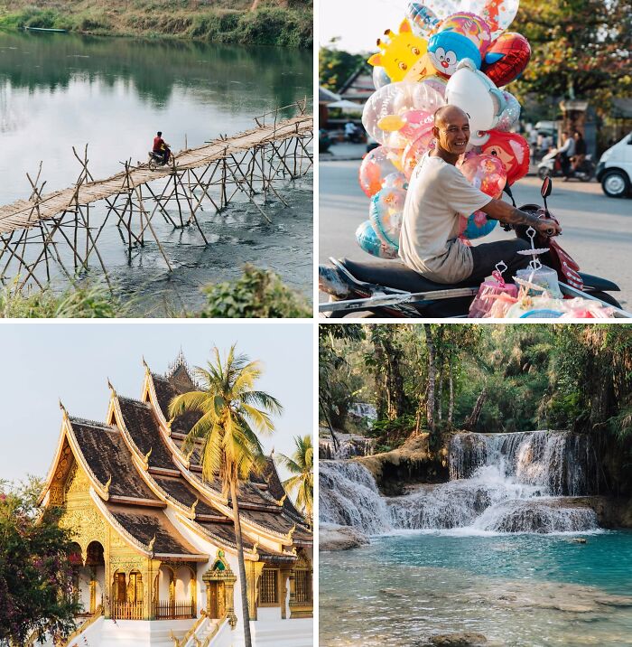 Four breathtaking travel photos: a man on a bamboo bridge, a balloon vendor, a golden temple, and a cascading waterfall.