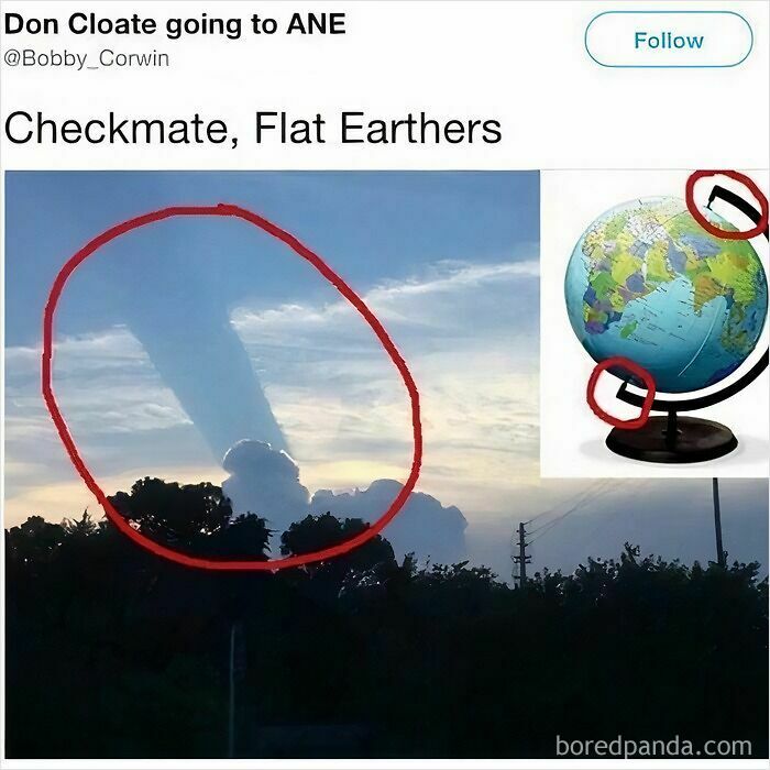 Sky scene with a column of cloud circled in red and a globe model circled to highlight shapes in a meme about internet memes.