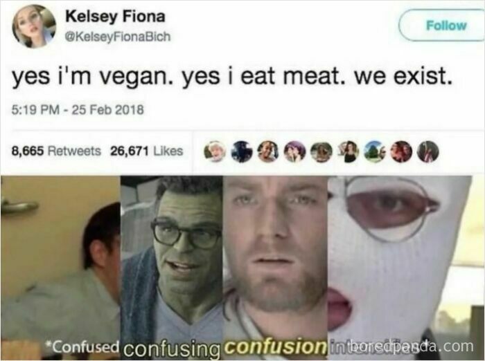 Tweet stating yes to being vegan and eating meat with photos showing confused expressions, highlighting popular internet memes.