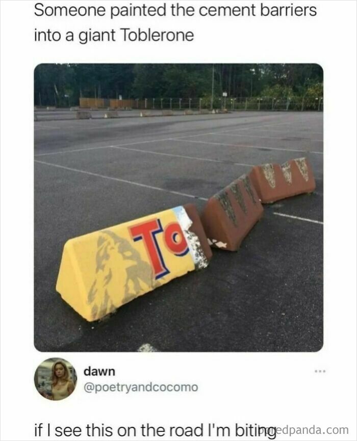 Cement barriers painted to look like a giant Toblerone chocolate, showcasing creative internet memes humor.