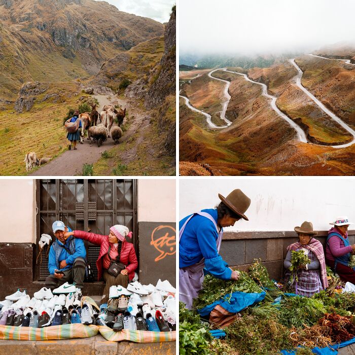 Breathtaking travel photos showcasing the world's beauty: mountain paths, winding roads, street vendors, and market life.