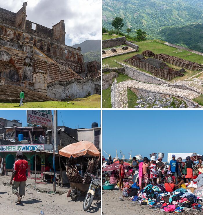 Breathtaking travel photos showing the Citadelle Laferrière, a mountaintop fort, and bustling Haitian street and market scenes.