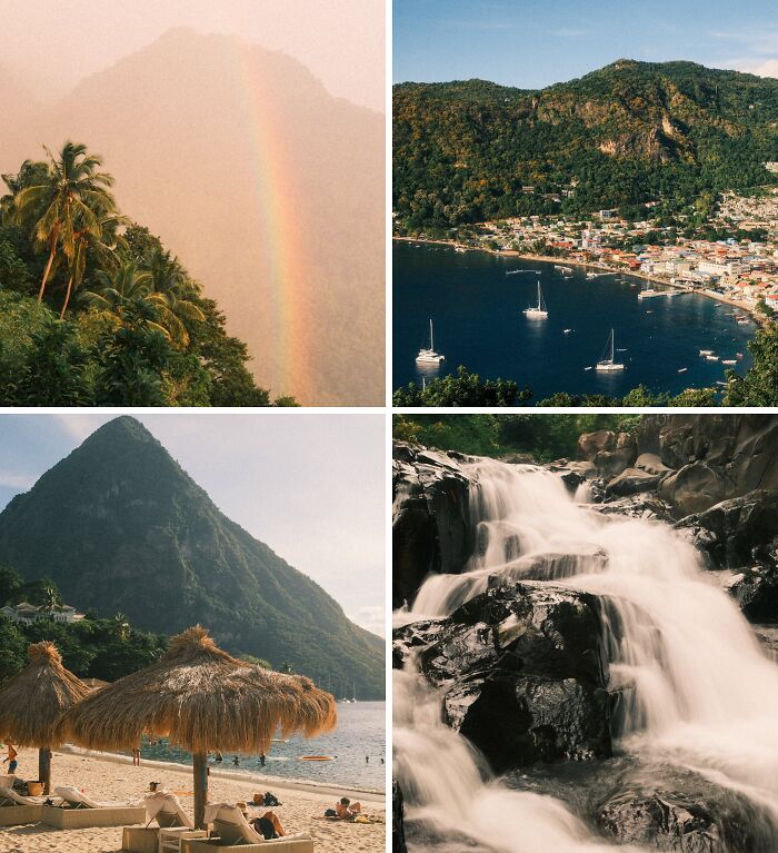 Four breathtaking travel photos: a rainbow over mountains, a bay with boats, a beach with straw umbrellas, and a waterfall.