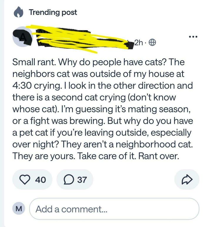 A wild and hilarious screenshot from a neighborhood online community post about a rant against neighbors who let their cats roam outside.