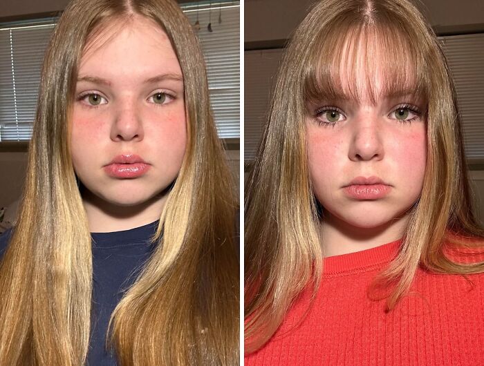 Before and after haircut transformation showing the powerful impact of a stylish haircut on long blonde hair.