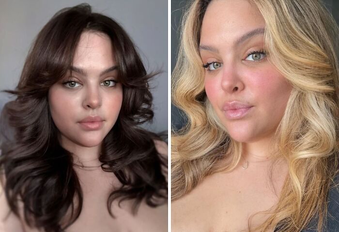 Before and after hair transformation showing the power of a haircut with styled dark and blonde wavy hair.