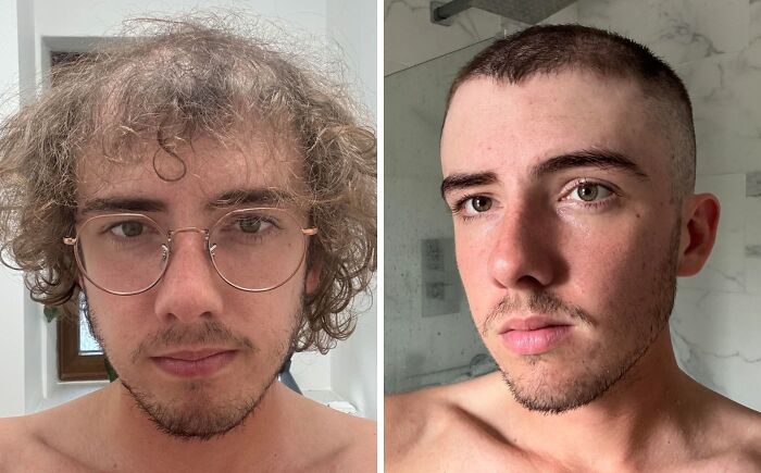 Side-by-side before and after haircut photos showing a young man’s dramatic hair transformation.