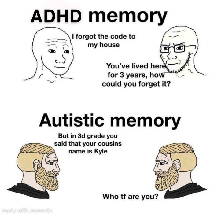 A relatable meme contrasting ADHD and Autistic memory styles, depicting memory differences. Brain almost never follows the script.