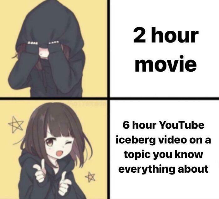 A relatable meme comparing a 2-hour movie with a 6-hour YouTube video. Brain almost never follows the script.