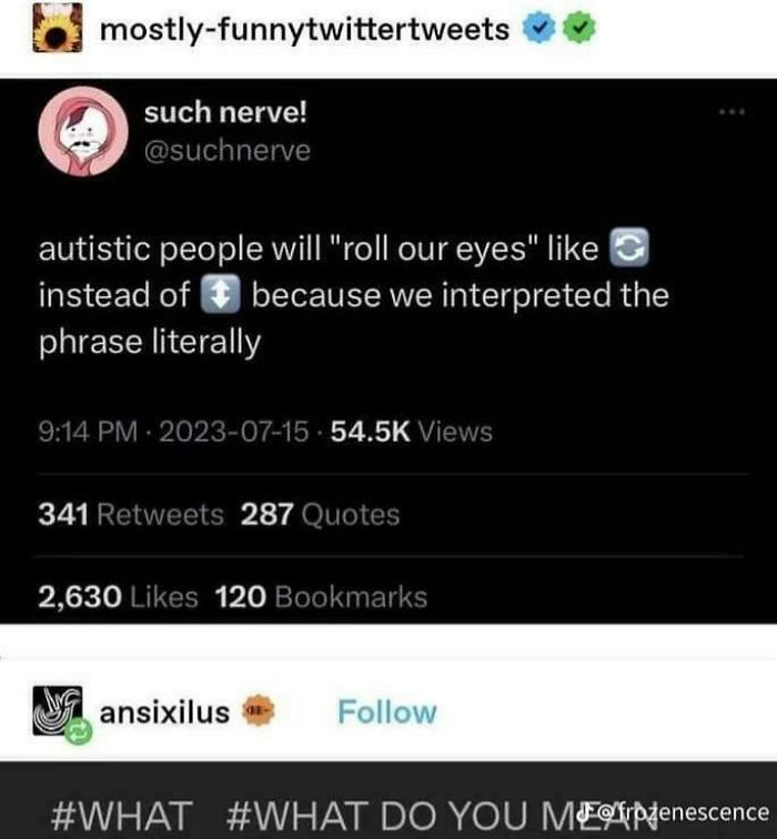 A relatable meme about autistic people literally interpreting "roll our eyes" with an emoji, capturing a moment from Twitter.