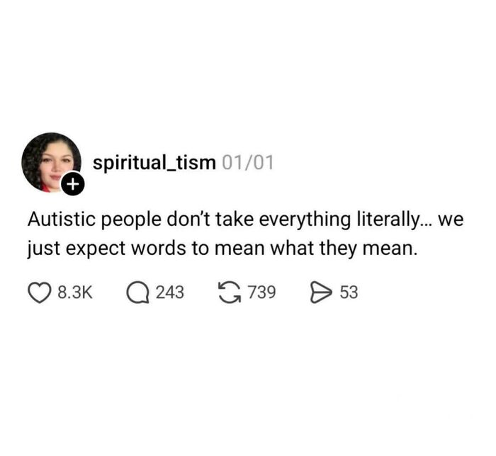 A social media post from 'spiritual_tism' with text: 'Autistic people don't take everything literally... we just expect words to mean what they mean.' A relatable meme for anyone whose brain follows the script.