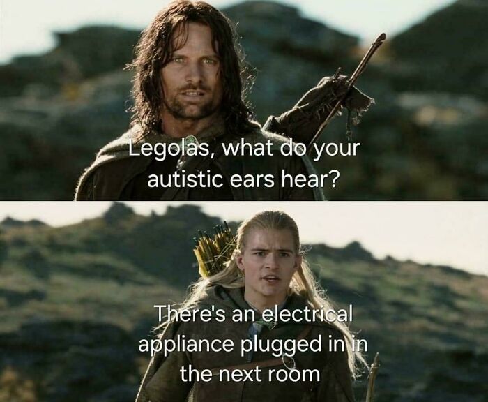 A relatable meme with Aragorn asking Legolas about autistic ears, to which Legolas replies about hearing an appliance.