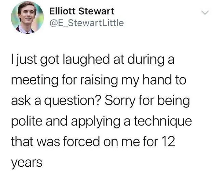 A relatable meme showing a tweet from Elliott Stewart about being laughed at for raising his hand in a meeting.