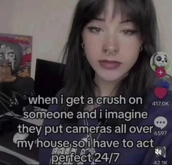 A relatable meme: a young woman with dark hair and piercings, with text about acting perfect when having a crush.