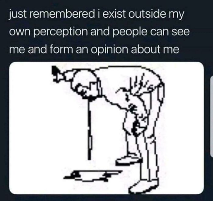 A relatable meme of a person staring at their reflection, contemplating existing outside their own perception.