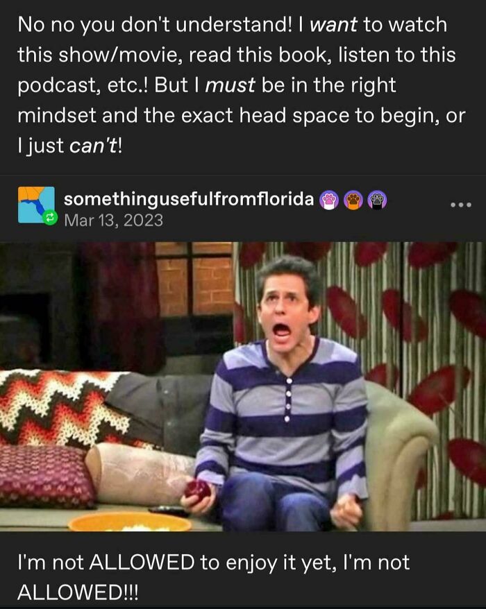 A relatable meme of a man yelling, expressing a need for the right mindset to enjoy entertainment, perfect for anyone whose brain almost never follows the script.