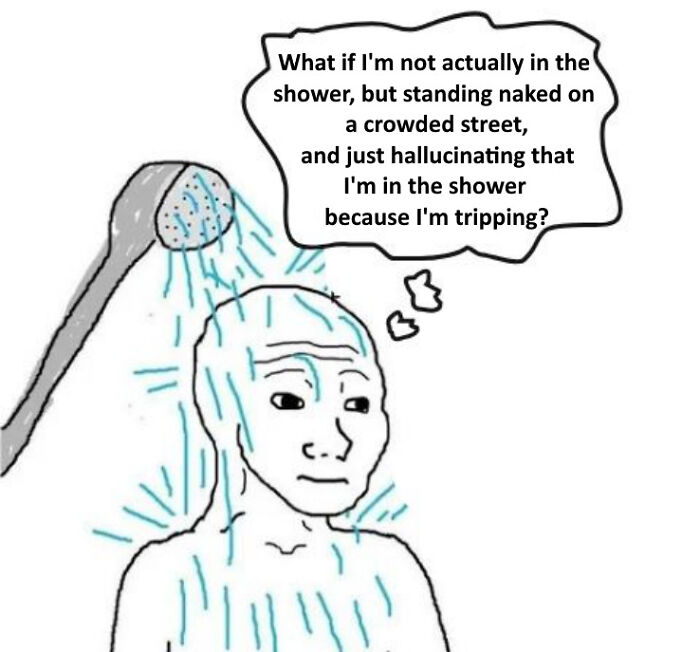 A meme depicting a man in the shower with a thought bubble above his head, contemplating a relatable meme.