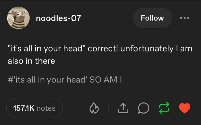 A relatable meme: a cat wearing bee antennae, with text "it's all in your head" correct! unfortunately I am also in there.