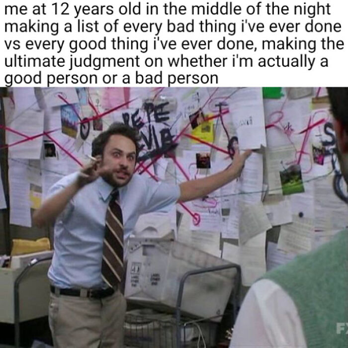 Charlie Day from Always Sunny, looking manic with a wall of interconnected papers. A relatable meme about overthinking.