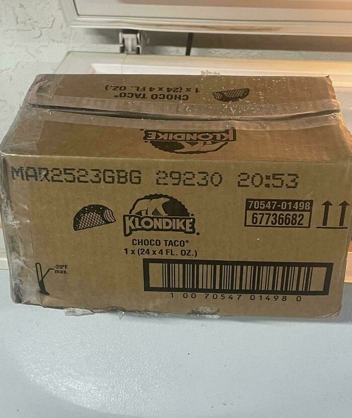 A cardboard box of Klondike Choco Tacos, a possession with unusual value, possibly rare.