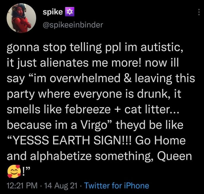 A relatable meme about using astrology as an excuse to leave a party, for anyone whose brain almost never follows the script.