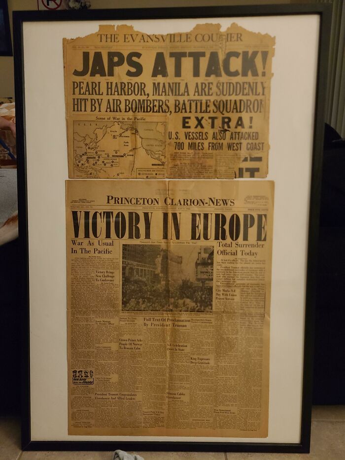 Framed historical newspapers, including headlines like JAPS ATTACK! and VICTORY IN EUROPE, highlighting their unusual possessions and true value.