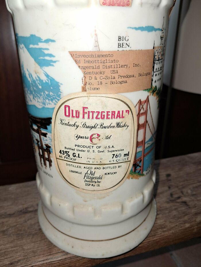 A vintage Old Fitzgerald Kentucky Straight Bourbon Whiskey decanter, featuring global landmarks, shows the true value of unusual possessions.