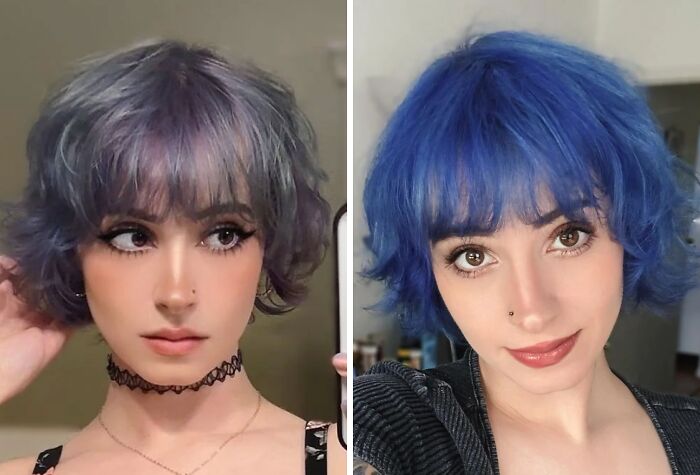 Young woman with short wavy hair before and after vibrant blue haircut transformation showing powerful haircut impact.